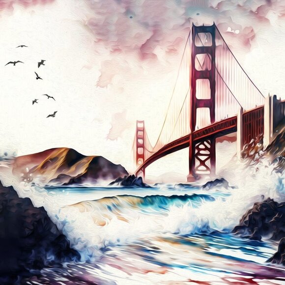8x10 Golden Gate‎ Bridge Fantasy Art Watercolor Oil Painting Print - Picture 3 of 6